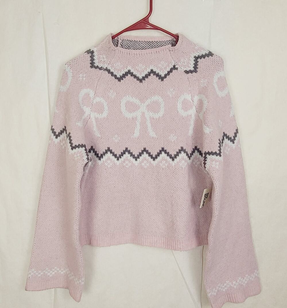 New No Boundaries pink bow sweater Size Medium Coquette Twee Soft Girl Pastel